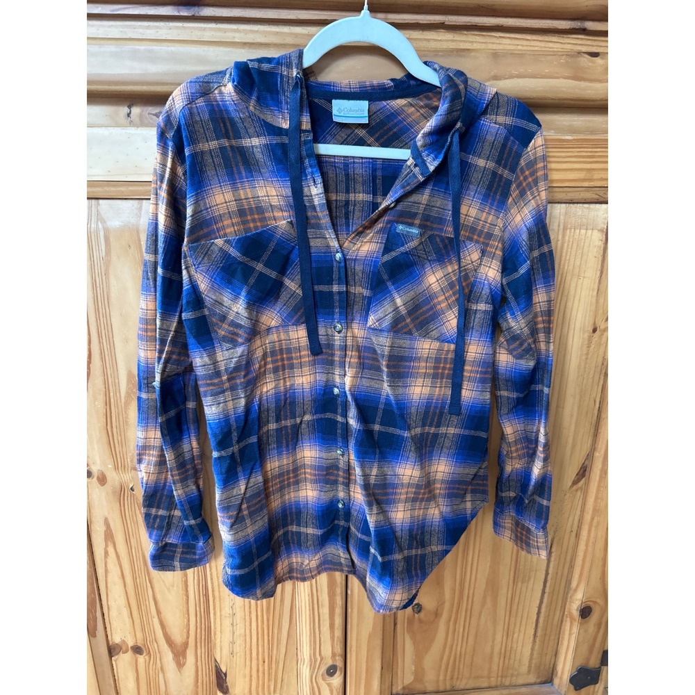 Columbia Women Hooded Flannel Shirt Blue Orange Plaid Button Up Medium